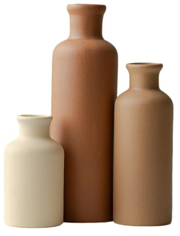 Juego de 3 jarrones de cerámica, tonos tierra, pequeños jarrones para flores de Pampas y flores secas, decoración rústica moderna de estilo granja para estante, mesa, estantería (tono tierra con caja