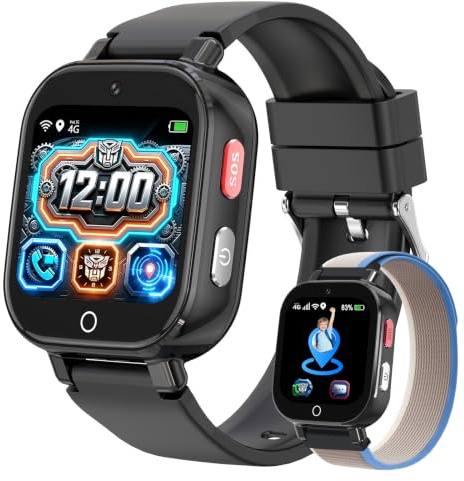 Montre Connectée Enfant 4G Appel Vidéo, GPS, SOS, Chat Vocal, IP68 Étanche | Mode École, Podomètre, Réveil, Chronomètre, Montre Telephone pour Garçons et Filles de 4 à 12 Ans Cadeau, Noir
