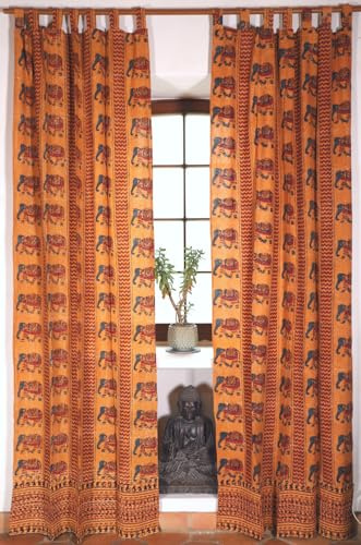 GURU SHOP Boho Vorhänge, Gardine (1 Paar) mit Schlaufen, Handbedruckter Ethno Style Vorhang - Elefant/Gelb, 290x100 cm