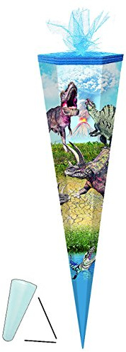 alles-meine.de GmbH Schultüte - Dinosaurier Dinotopia - 70 cm - rund - Tüllabschluß - mit/ohne Kunststoff Spitze - Zuckertüte - für Jungen Tyrannosaurus Rex - Dino Vulkan D..
