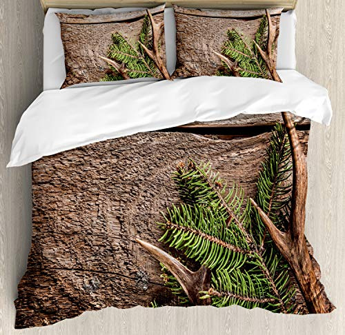 Ambesonne Antlers Duvet Cover Set, Evergreen Branch Deer Antler Against Rustic Wooden Background Print, Decorative 3 Piece Bedding Set with 2 Pillow Shams, Queen Size, Fern Green