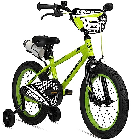 Bergsteiger Monaco 16 Zoll Kinderfahrrad BMX Rücktrittbremse | Mit V-Bremse, Stützrädern, A-Headvorbau, Trinkflasche und Doppelwandfelgen, ideal ab 110 cm für erste Fahrten mit Klingel.