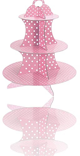 Vetrineinrete® Alzatina per Muffin a 3 Ripiani con Pois in Cartone Supporto per Cupcake Dolci Stand espositore Alzata per pirottini tortini pasticcini per Nascita Battesimo confettata M1 (Rosa)