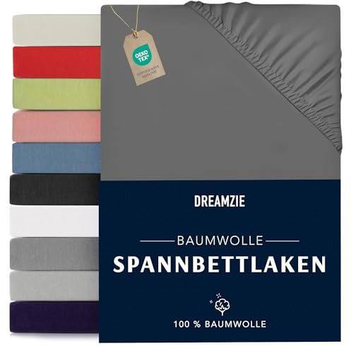 Dreamzie - Spannbettlaken - 200x200cm - 100% Baumwolle Jersey | Anthrazit · Leintuch mit Rundumgummi · Spannbetttuch bis 27cm Steghöhe · Oeko-Tex zertifiziert · Doppelbett / Übergröße XXL