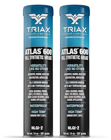 TRIAX Atlas 600 Blau Vollsynthetisches Hochtemperaturfett -40°C bis +204°C, NLGI-2, Wälzlager/Radlager, Langzeitfett, Marine Fett, Wasserfest, Hochleistungsfett, Fettkartusche für Fettpresse (2x400g)