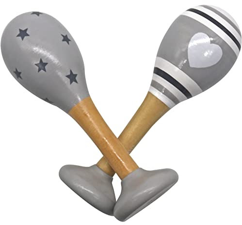 PREMYO Rassel Baby Musik Spielzeug - Holzspielzeug Maracas Babyspielzeug - Herz Sterne Grau