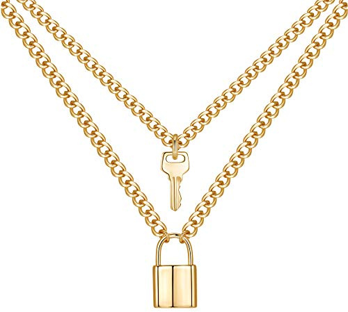 MONOZO Lock Necklace for Women, 14K Gold Filled Padlock Lock Pendant Chain Necklace Girls Dainty Layered Lock and Key Choker Necklace Jewelry for Men