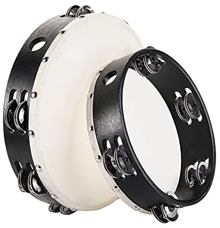 Foraineam 2 Pieces (8 Inch and 10 Inch) Wood Handheld Tambourine, Double Row Metal Jingle Bells Wooden Tambourine Drum Musical Percussion Instrument