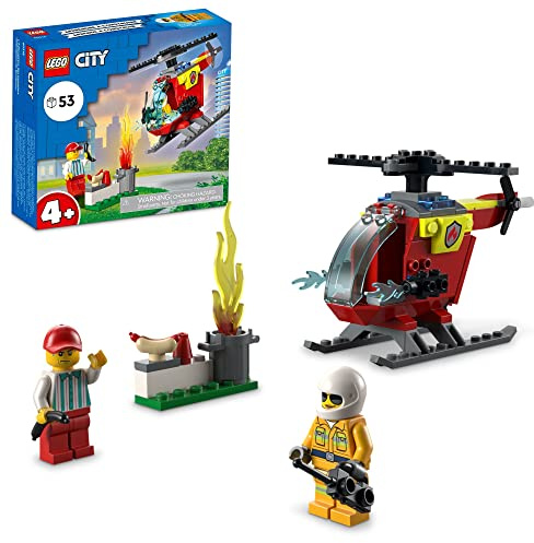 LEGO City Fire Helicopter 60318 Building Kit for Kids Aged 4+; Includes Firefighter and Vendor Minifigures with Accessories, Including Toy Walkie-Talkie, Bread and 2 Hotdog Elements (53 Pieces)