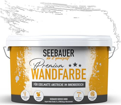 SEEBAUER diy Wandfarbe Weiß 2,5L für Innen (No. 000 Weiß) Edelmatte weiße Innenfarbe - Verschiedene Farbtöne sehr hohe Deckkraft - Matt, Abwaschbar und Tropffrei