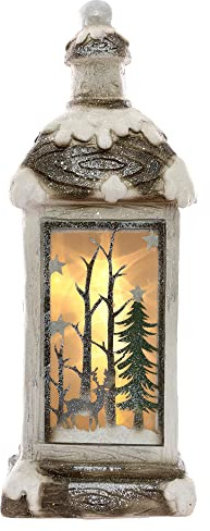 ECD Germany LED Weihnachtslaterne mit Warmweißes Licht, Beleuchtete LED-Laterne für Weihnachten, 60cm, Weiß, Beige, Grünes Tannenbild, verschneit, batteriebetrieben, Weihnachtsdekoration für Innen