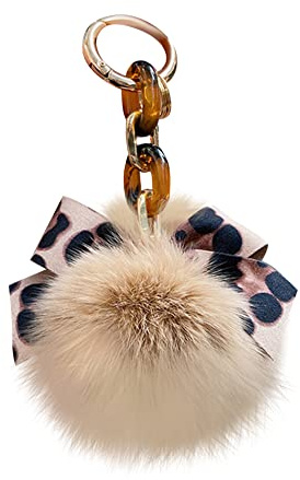 Asudaro Pompom Schlüsselanhänger, Flauschige Faux Plüsch Pompom Ball Tasche Anhänger Fuchspelz Taschenanhänger Mode Leopard Fliege für Frau Auto Spielzeug Schlüsselanhänger,Champagner