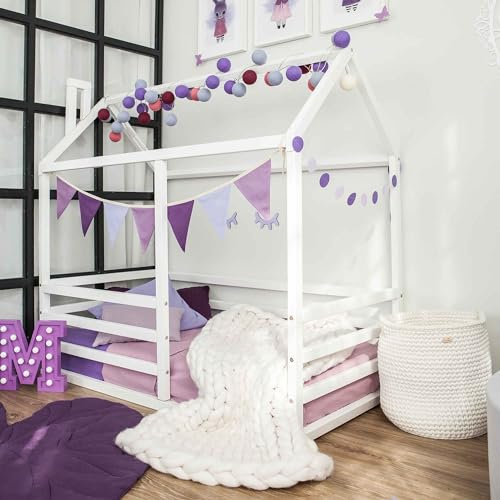 Sweet Home From Wood Kinderbett aus Holz - Montessori-Bett mit entnehmbarem Bettgitter/Rausfallschutz, Lattenrost, Hausbett mit rausfallschutz (90 x 190 cm, Weiß)