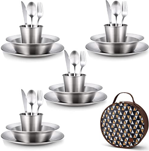 Odoland Kit Piatti e Posate in Acciaio Inox Lucido, Include Piatti Ciotola Tazza Posate Custodia Portatile, Set Completo di Stoviglie per Campeggio Trekking Picnic Viaggio (4 Persone)