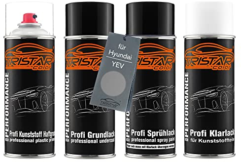 TRISTARcolor Autolack Spraydosen Set für Kunststoff Stoßstange für Hyundai YEV Hyper Silver Metallic Mat Haftgrund Grundlack Basislack Klarlack mit Weichmacher Sprühdose