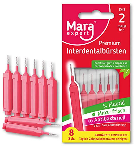 Interdentalbürste ROT -MARA EXPERT | 0,5 mm ISO 2 Mittel fein | 8 Interdentalbürsten | Biokunststoff | Bürsten für Zahnzwischenräume | Mit Minz Geschmack - Chlorhexidin - Fluorid