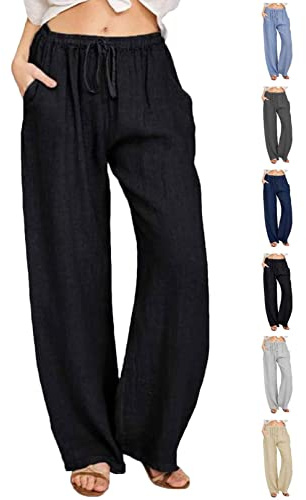 CheChury Pantalones Casual Algodón Mujer Verano Pantalon de Casa Casual Pantalones Chándal Sueltos Pantalon Pierna Ancha Mujer Comodos Pantalon Deportivo Holgado Rectos Pantalon Largo con Bolsillos