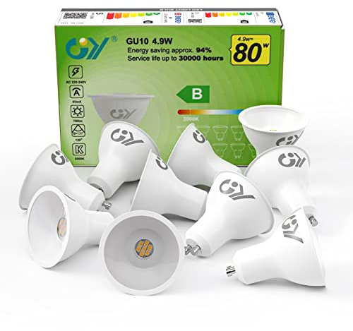 GY GU10 LED Warmweiss Lampe 4.9W 780 Lumen 3000K Warmweiß Glühbirnen,80W lampe ersetzt,Abstrahlwinkel 120° Leuchtmittel,Nicht Dimmbar Energiesparlampe,10er-Pack (Energieeffizienzklasse B)