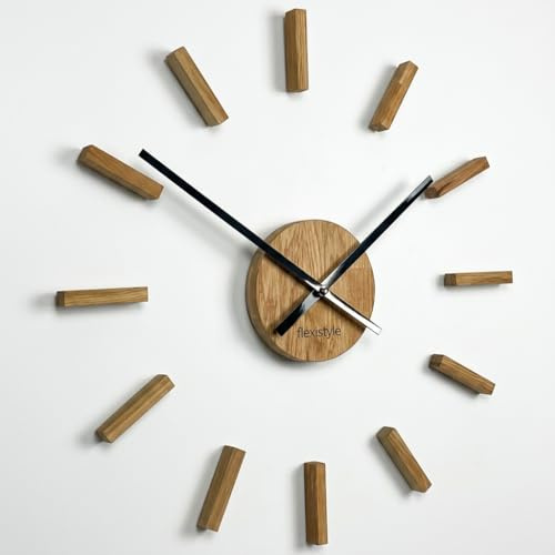 FLEXISTYLE Wanduhr groß 75cm Holz Eiche modern lautlos ohne Tickgeräusche minimalistisch Design Wanddekoration Wohnzimmer Küche Büro Badezimmer Elegante große wall Clock Natur skandinavisch