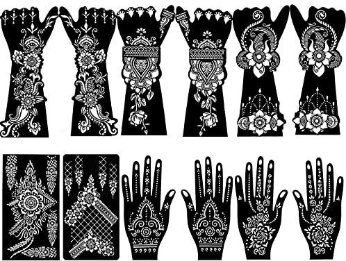 QSTOHENA Lot de 12 pochoirs de tatouage au henné - Noir - Tatouage temporaire - Mandala - Fleur indienne - Tatouages arabes - Autocollants pour peinture corporelle