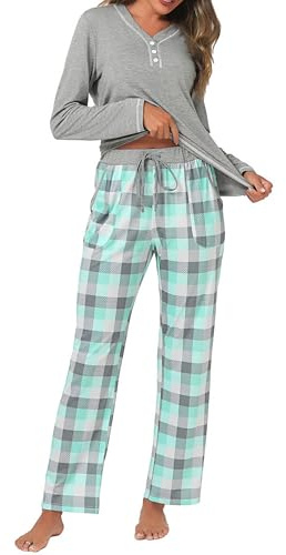 Uniexcosm Pyjama Femme Coton Long Ensembles de Femme Hiver Carreaux Col Ronde Manches Longues Pyjama pour Femme avec Poches Latérales