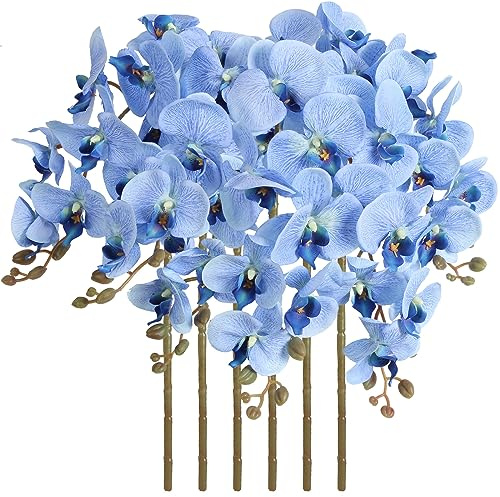 ICBOX 38 Inch 6 PCS Faux Orchid Fake Orchid Velvet Artificial Orchids Blue Orchid Artificial Flowers Long Stem Artificial Flowers for Tall Vase for Home Wedding Decoration(Blue)