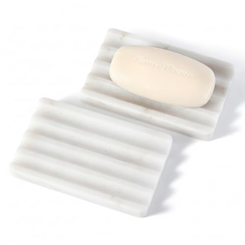 2PCS Koville African Natural Marble Soap Dish for Shower, Stone Soap Tray for Bathroom, Bar Soap Holder for Sink, Stripe Grooves Saver Keep Bars Dry Easy Clean (Namib Bianco)