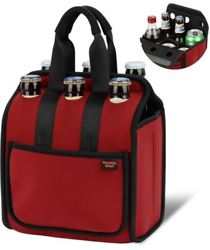 Desing Wish Portable Drinks Tote Bag for 6 PCS Beverage Cans/Bottles, Neoprene Insulated Drinks Can Bottle Carrier Tote Beverages Cans Cooler Bag Holder for Camping, Picnic, Party (Red)