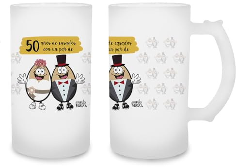 mundohuevo Jarra de cerveza con la frase “50 años de casados con un par de huevos”| Capacidad de 500 ml.| Jarra de cristal esmerilado| Regalo original para celebrar tu aniversario.|80 x 150 mm.
