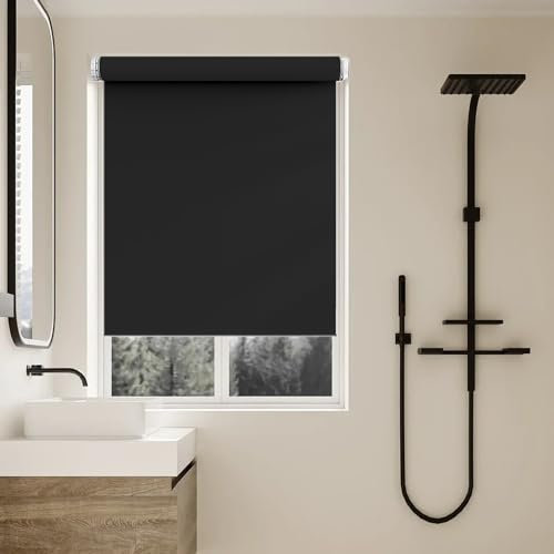 Seitenzugrollo für Fenster und Tür 110 x 70 cm Blickdicht und Sonnenschutz Deckenmontag Seitenzugrollo mit Kette, für Büro, Badezimmer, Schwarz