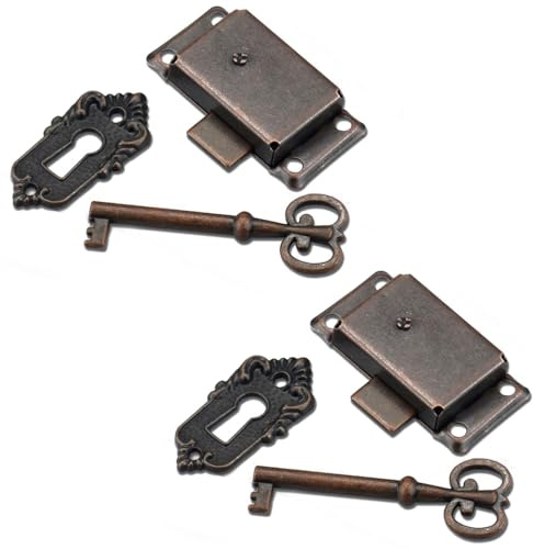 TopHomer Set di 2 serrature vintage, antiche serrature con chiave, per scatole di gioielli, cassetti, armadi, scatole classiche, quadrate