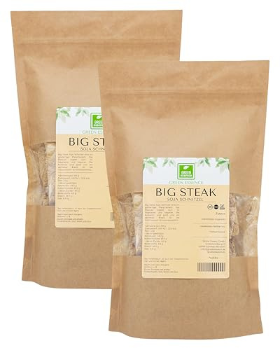 Big Steak 1kg Vegan Fleischalternative Soja Schnetzel von Green Essence | Fleischersatz Big Steaks, veganes fleisch Mit Protein, Low Carb, große Sojaschnetzel, Soya Koteletts getrocknet 1 kg, 1000g