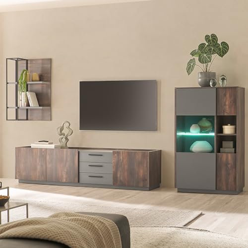 Lomadox Wohnwand Wohnmöbel Set braun mit anthrazit 3-teilig Modern, 1 Wandpaneel, 1 Lowboard, 1 Highboard