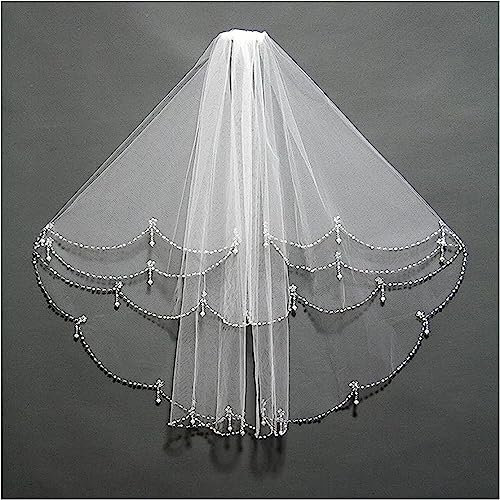 Brautschleier, Hochzeitsschleier, 2 Ebenen, Hochzeitsschleier, Pailletten, Perlen, Perlenkante, Bling-Brautschleier mit Kamm, kurzer weißer Doppelschleier, Hochzeit, Brautschleier (Farbe: Weiß, Artike