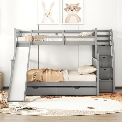 Oyemige Letto a castello 90x200&140x200, letto per bambini con 2 cassetti, letto a soppalco con contenitore e scivolo, letto multifunzionale con scala di contenimento, Grigio(senza materasso)