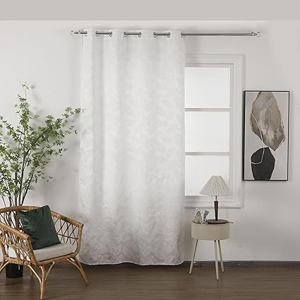 BOD HOME, Cortinas Salón Semiopacas, 1 Pieza, Poliéster, 140x260cm, Decoración Elegante Hogar, Cortinas Modernas Dormitorio Comedor, Fácil Instalación con Ojales, Diseño Hojas Palma, Blancas