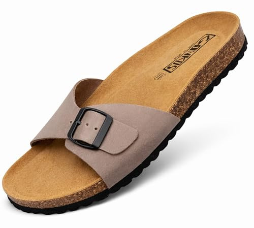 GONKOS®, Ledersandalen mit Kork Einlegesohle, Echtes Leder Pantoletten, Naturkork, verstellbare Schnalle am Fuß, Schaufelsandale für Damen, Qualitätssandale Made in Spain, Farbe Stein Größe 40