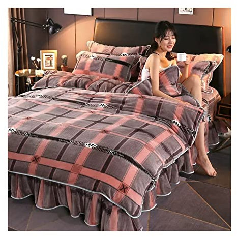 Ropa de Cama de Franela de Invierno, Funda nórdica, Juego de 4 Piezas, Falda de Cama Gruesa, Leche Caliente, Terciopelo de visón Dorado, ultrasuave, Lavable a máquina (Color : E, Size : 1.8m Bed (20