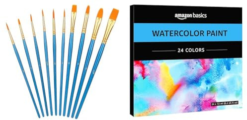 Amazon Basics – Künstlerpinsel im Set, 10 Stück, Blau + Aquarellfarben in Tuben, 24 Farben