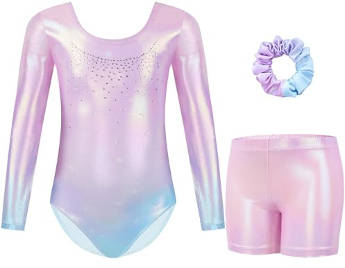 Gogokids Maillots de Gymnastique Trois Pièces pour Filles, Ensemble de Gymnastique à Manches Longues avec Short et Bandeau, Justaucorps de Danse Brillant avec Design de Couleur Dégradée pour 5-6 Ans