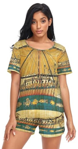 HMZXZ Damen Schlafanzug-Set Ethnisch Ägypten ägyptisch Sommer Pyjama Woman Set,Jahrgang Schiff Loungewear und Shorts Lounge Set Sleepwear Nachtwäsche
