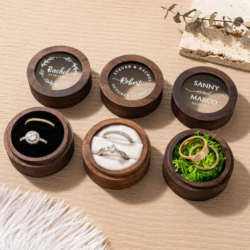 Esseur Personalisierte Ringbox für Hochzeit, doppelter Mini-Ständer, rund, Holz, elegant und retro, mit Namen