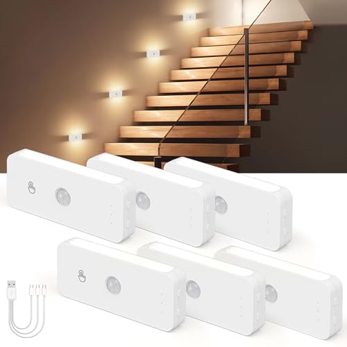 6 Stück Nachtlicht mit Bewegungsmelder, Wiederaufladbares LED Treppenlicht | kabellos treppenbeleuchtung innen, 3 farbtemperatur, dimmbare, 1500mAh, magnetbefestigung nachtlicht für flur küche treppe