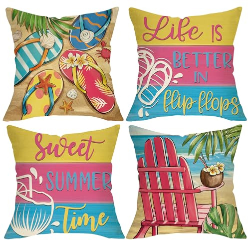 Fjfz Sweet Summer Time Beach Decorative Throw Pillow Covers 18 x 18 Set of 4, Life is Better in Flip Flops Chair Porch Outdoor Home Decor, Coastal Coconut Couch Cushion Case