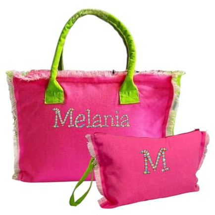 AmiAmarena Borsa mare con pochette Personalizzabile con ricamo. Borsa spiaggia con zip in canvas 100% cotone. Idea regalo donna (Fucsia, 50x35)
