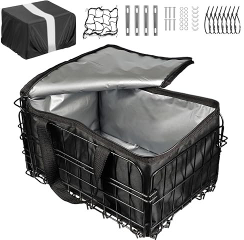 Foldable Rear Bike Basket for Bicycle/Electric Bike - Metal Cargo Basket with Rain Cover, Elastic Storage Net & Insulated Thermal Liner Bag - Perfect for Commuting, Groceries, Pets, Outdoor Travel