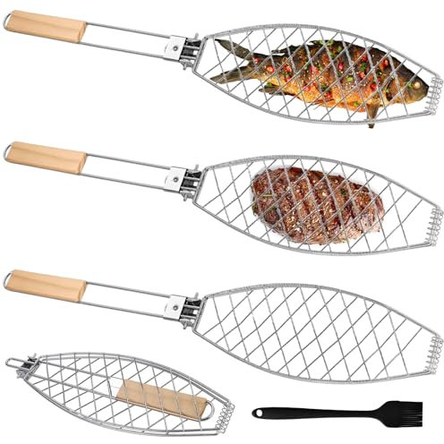 Set di 3 arrosti per pesce, 63 x 12 cm, con manico in legno, pieghevole per grigliare con spazzola in silicone da 21 cm, griglia portatile per barbecue e barbecue (argento)