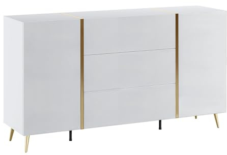 Vente-unique - Buffet avec 2 Portes et 3 tiroirs - Blanc Brillant et Doré - MARZIALO