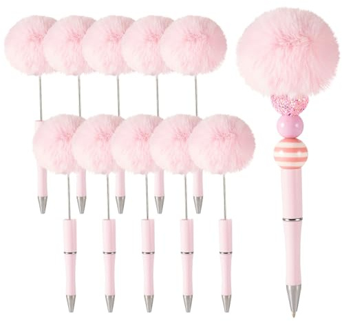 FASHEWELRY 10 bolígrafos esponjosos de felpa con pompones para decoración personalizada, suministros de escritura para escuela, oficina, color rosa