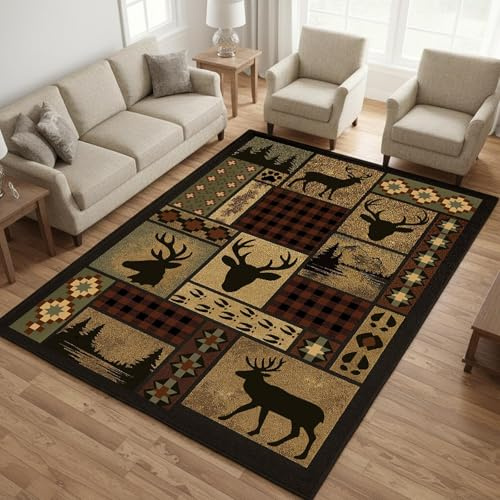 CASAVAINE Rustic Lodge Patchwork Area Rug 5x8, Deer Wildlife Cabin Design with Buffalo Plaid, Southwestern Native Inspired Patterns, Non-Slip Stain Resistant Rug for Living Room, Bedroom, Lodge Decor